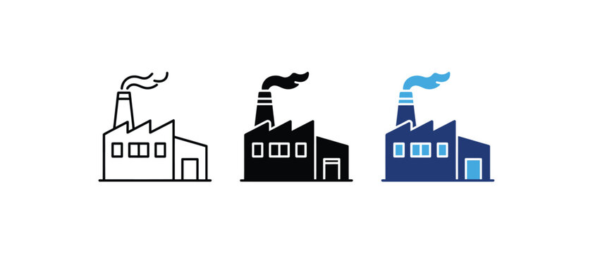 Factory industrial building plant smoke chimney manufacturing pollution icon set. Vector illustration