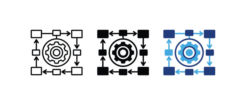 System workflow management icon, business process automation symbol, gear flowchart algorithm sign, data network structure graphic. Vector illustration
