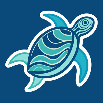 Tribal style sea turtle sticker icon with blue wave pattern lines suitable for ocean wildlife badges marine branding and print decals.