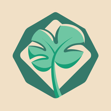 Tropical monstera leaf icon centered in a dark green hexagon frame on a beige background for botanical branding and floral emblems.