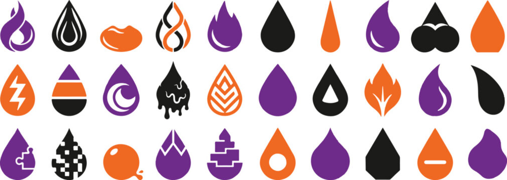 Colorful drop collection in purple, orange, black, and teal