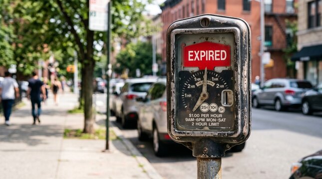 Close-up of a vintage street parking meter expired time display showing penalty violation on an urban sidewalk in daylight for time limit and parking regulation concept