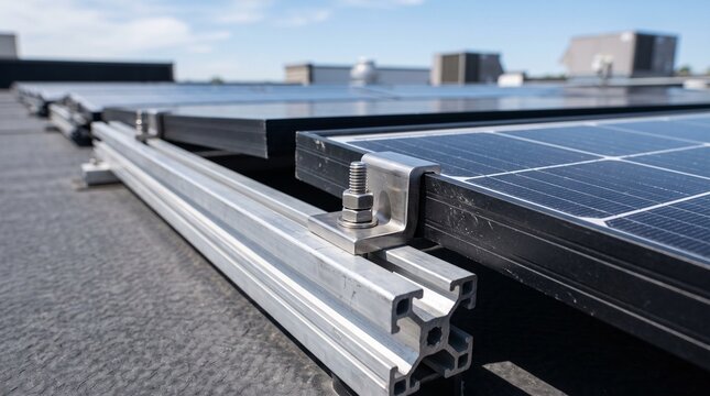 Close up of solar racking rail aluminum mounting system securing photovoltaic panels on a commercial rooftop under bright daylight for clean renewable energy concept
