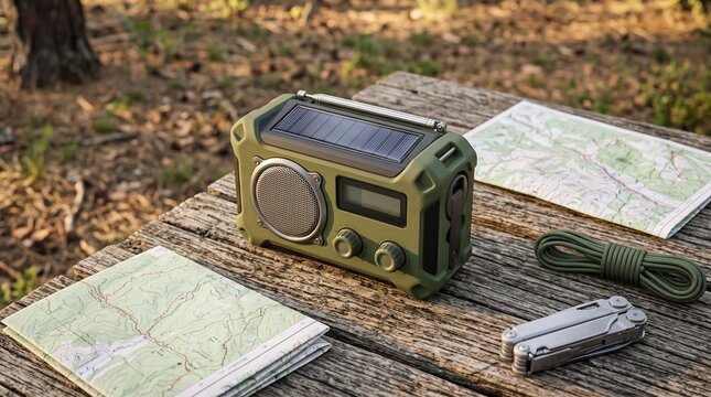 Rugged solar emergency radio crank device resting on a wooden camping table with map and multitool in natural forest sunlight for outdoor survival and preparedness concept