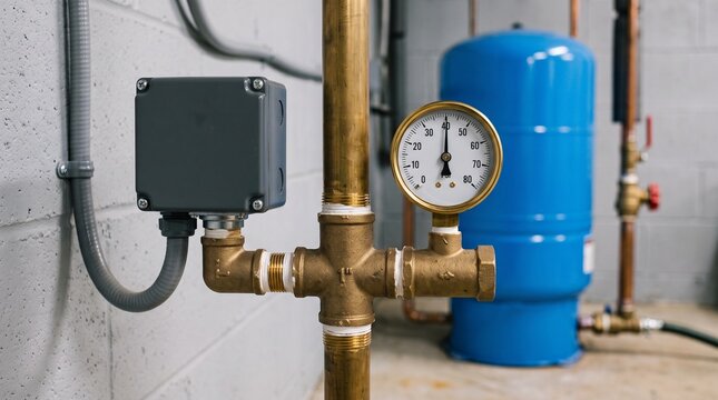 Water well pump pressure switch and brass gauge monitoring system pressure in a clean basement utility room with bright lighting for home plumbing maintenance concept