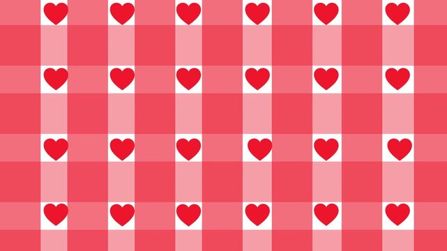 Animated Seamless Pattern of Hearts on Red Gingham Background