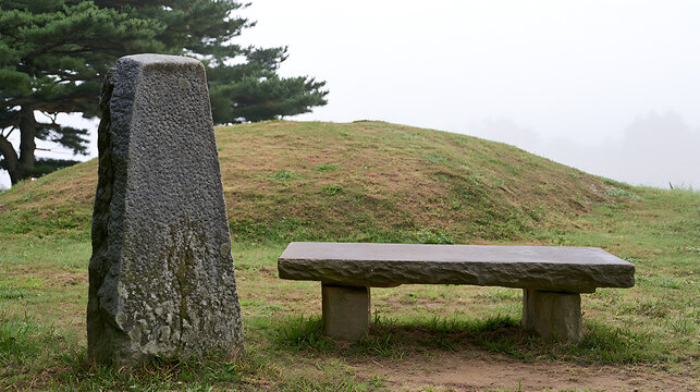 A serene landscape view featuring a solid stone bench and an ancient monument pillar on a grassy hill with pine tree and foggy sky background