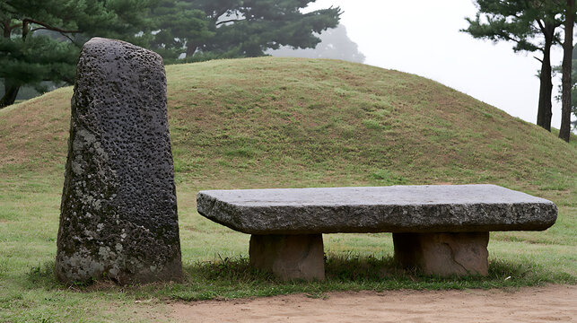 Ancient dolmen megalith stone structure and flat bench monument in a historical park landscape with green grass hill background view