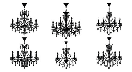Fototapeta premium Collection of ornate chandeliers depicted in a detailed black vector illustration