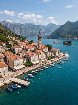Aerial perspective of perast coastal town and islands in the bay of kotor montenegro with historic town