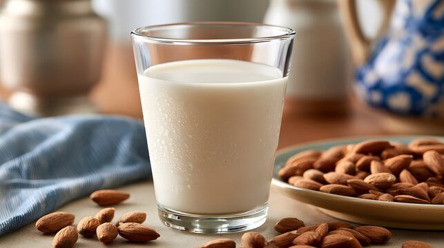 A glass of creamy almond milk with whole almonds scattered around on a wooden surface  styled for a healthy beverage presentation