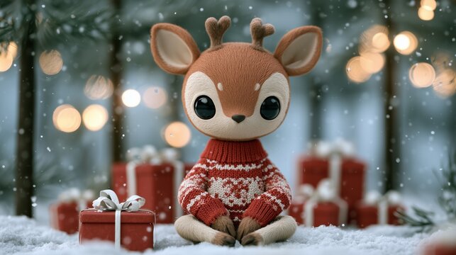 Cute reindeer toy sits among red gift boxes in snowy setting during Christmas season
