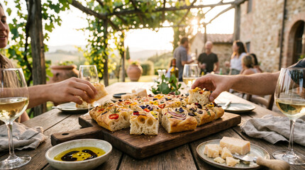 Obraz premium Hands taking pieces of italian focaccia during summer gathering in vineyard
