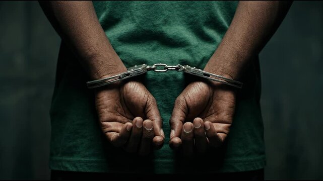 Hands in Handcuffs of an Arrested Person Captured from Behind with Focus on the Metallic Restraints for Crime or Legal Content