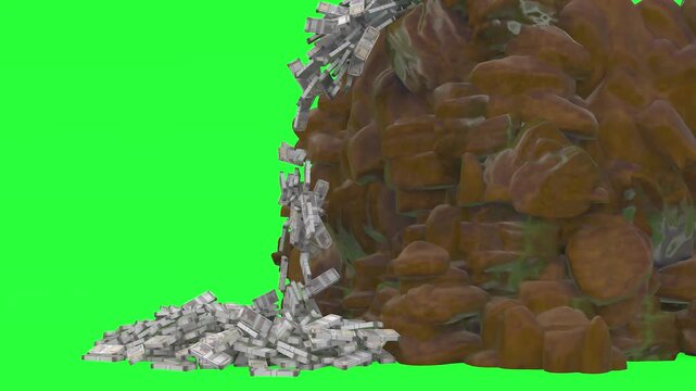 Indian rupee banknotes falling like a waterfall from golden rocks