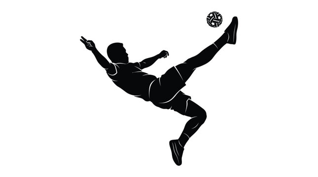 Black silhouette of athletic sepak takraw player performing dynamic overhead kick with rattan ball isolated white