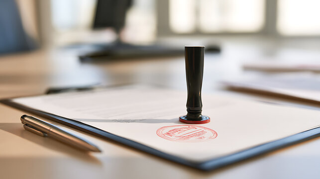 A business office desk featuring an official rubber stamp and a metal pen on top of a legal document inside a modern corporate workplace
