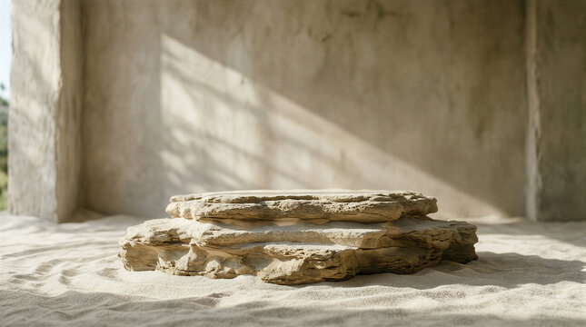 Limestone podium display resting on white sand with natural light and shadow