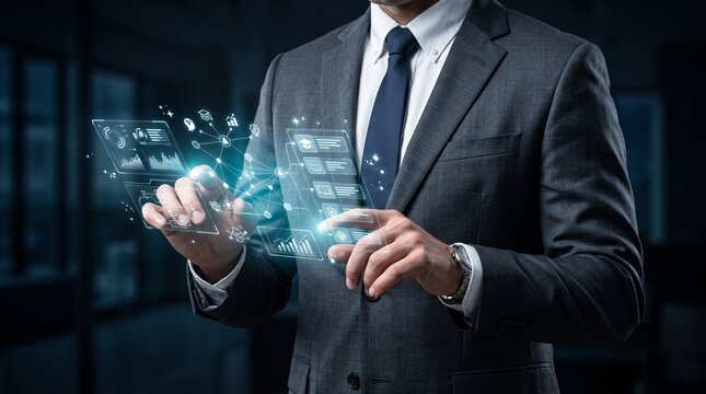 Businessman taps interactive holographic panels displaying financial data analytics.