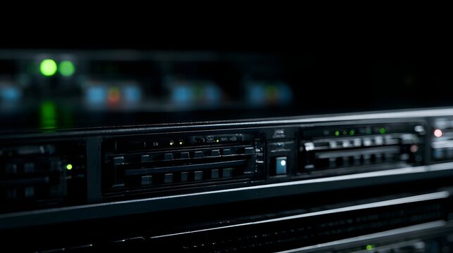 Close up of server rack with illuminated status lights in dark environment  showing technical hardware and ope nal indicators