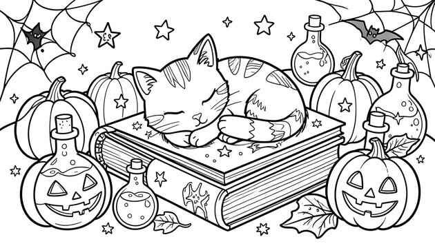 Detailed Halloween coloring page featuring a sleeping cat on a spellbook surrounded by potion bottles, pumpkins, and cobwebs, created with generative AI.
