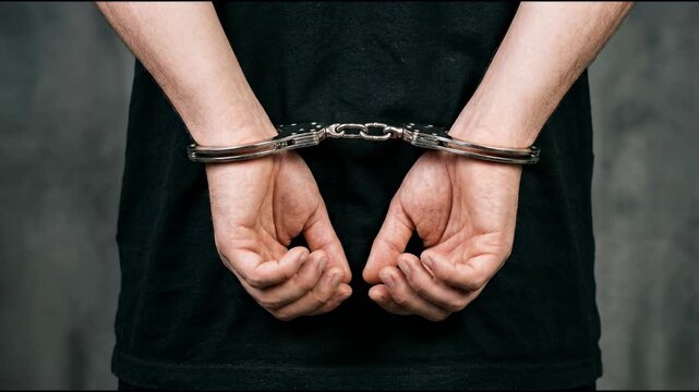 Close up of a Persons Hands Handcuffed Behind Their Back Symbolizing Arrest Crime and Justice