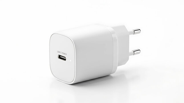 White usb-c wall charger with two ports on white background