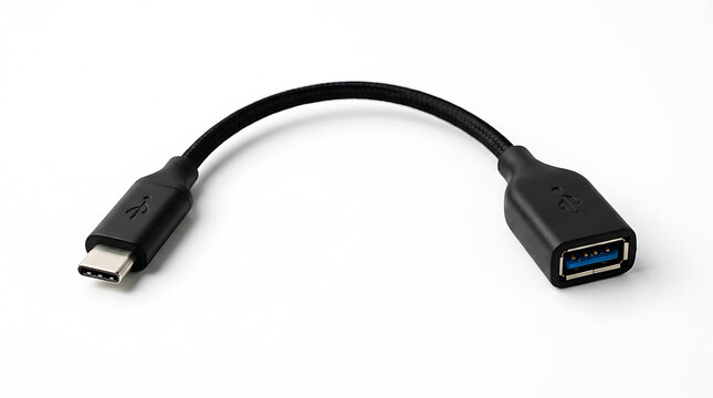 Black usb-c to usb-a adapter cable on white background connector
