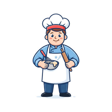 Cute pixel art chef character wearing a white hat and apron holding a rolling pin and whisk