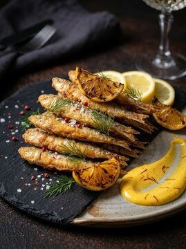 Crispy fried fish with charred lemon and fresh dill