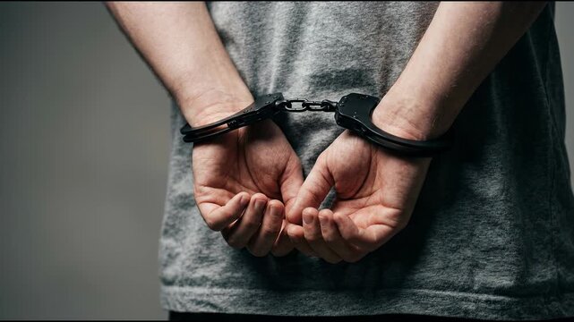 Person with Their Hands Cuffed Behind Their Back Symbolizing Arrest and Legal Consequences for Crime and Law Enforcement Actions