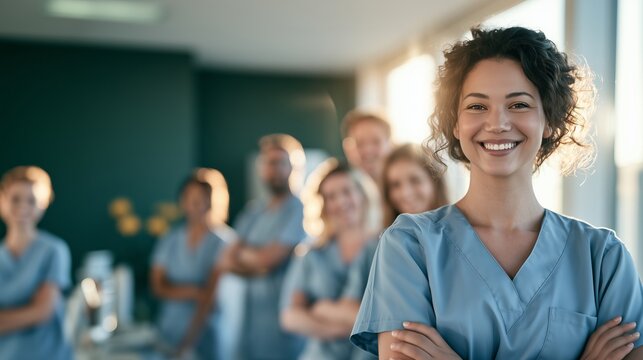 Group of healthcare workers smiling in a modern clinic setting during the day