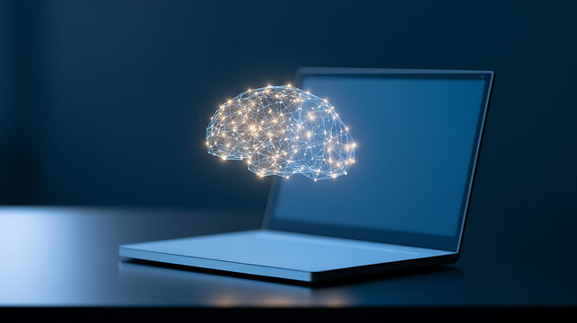 Artificial intelligence concept with a glowing digital brain hologram hovering above an open laptop computer on a dark blue office desk setup