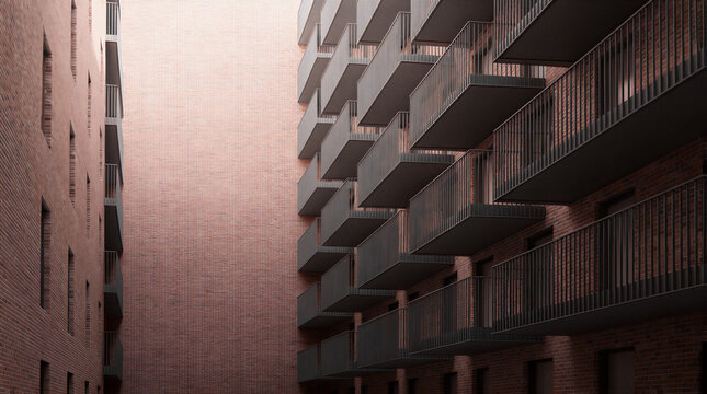 Minimalist architecture featuring a dimensional atrium with identical balconies stacked vertically along red brick walls