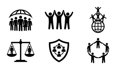 Fototapeta premium Community Icons, Social Justice Symbols, Teamwork Graphics: Diverse People, Unity, Equality, Protection, Global Connection, Human Rights