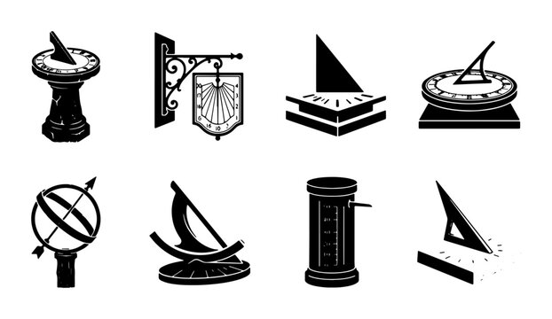 Sundial Icons Set: Ancient Timekeeping Devices, Historical Instruments, Vintage Navigation Tools, Scientific Gadgets
