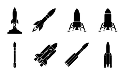 Space Rocket Icons, Vector Set: Launching Shuttle, Lunar Lander, Missile Designs, Futuristic Exploration Graphics © Md