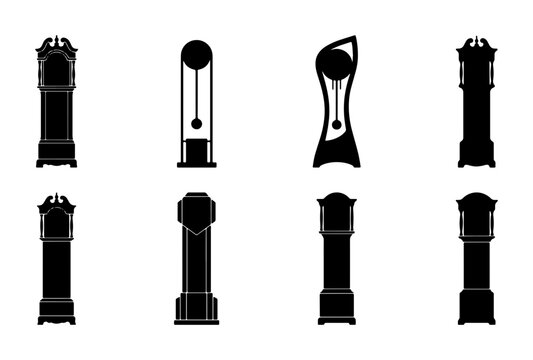 Grandfather Clock Silhouettes: Vintage Timepiece Icons, Antique Floor Clock Vector Set, Timeless Elegance Collection