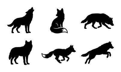 Obraz premium Wolf Silhouettes Vector Pack: Howling, Running, Sitting Canine Animal Icons