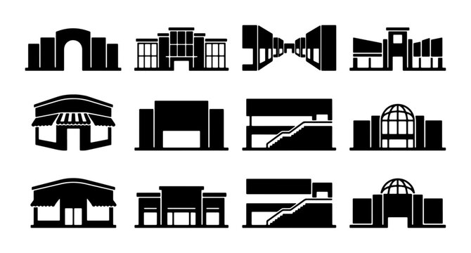Modern Shopping Mall Icons, Retail Store Facades, Commercial Building Silhouettes, Urban Architecture Collection