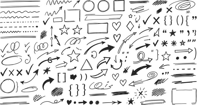 Hand drawn doodle set with arrows, frames, stars, hearts, and various design elements