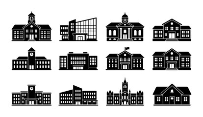 Fototapeta premium School Buildings Vector Icons: Educational Institutions, Universities, Colleges, Academy Architecture