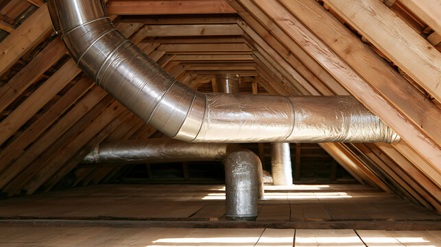 Metal ventilation duct system installed in a residential wooden attic interior with exposed beam roof structure and insulation components