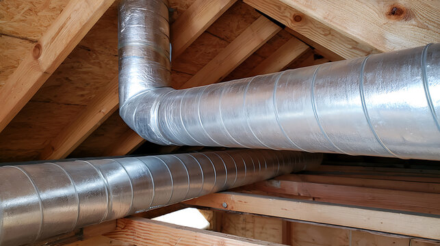 Metal ventilation pipe system installed inside a wooden attic framework of a residential house, showing modern heating and cooling structure