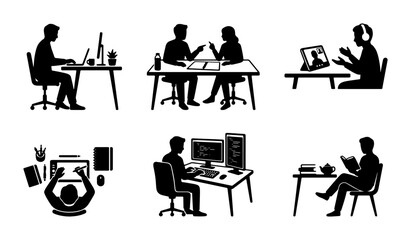 Fototapeta premium Modern Silhouette Icons: Diverse Work & Study Scenarios, Office, Remote Work, Learning, Collaboration, Digital Devices, Vector Set