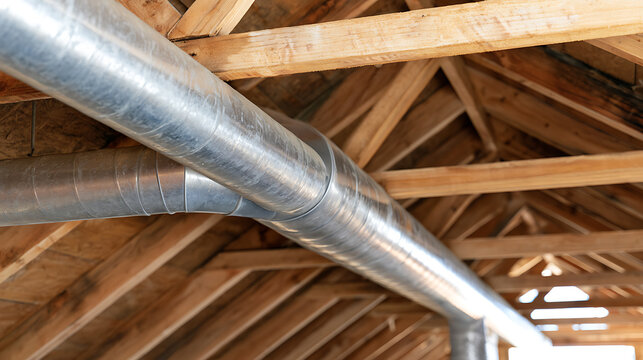 Metal HVAC ductwork system installation inside a residential attic with wooden roof trusses and framing structure during house build project
