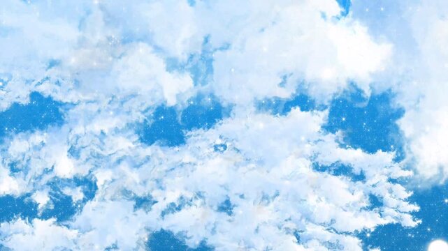 Glowing star particles in white fluffy clouds expanding dynamically, magical heaven cloudscape reveal transition overlay visual, fantasy sky environment graphic on blue sky background. 4k video