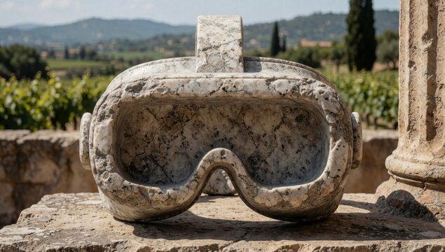 Pair goggles resting stone surface made white marble-like material rough texture appear old weathered frame sl