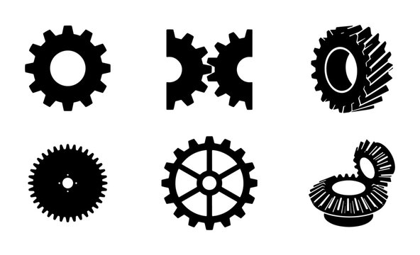 Industrial Gear Icons Set, Mechanical Cogwheel Vector Graphics, Engineering Machine Parts Collection, Technical System Elements