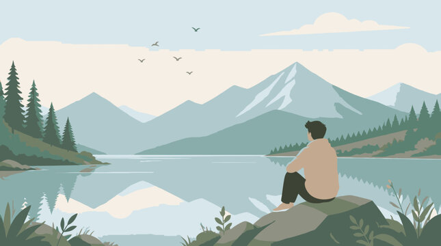 Person contemplating serene mountain lake vista peaceful reflection outdoor scene